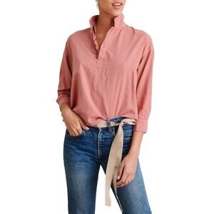Alex Mill Stripe Popover Crop Shirt Size L Peachy Pink Linen Blend Cotton Linen
